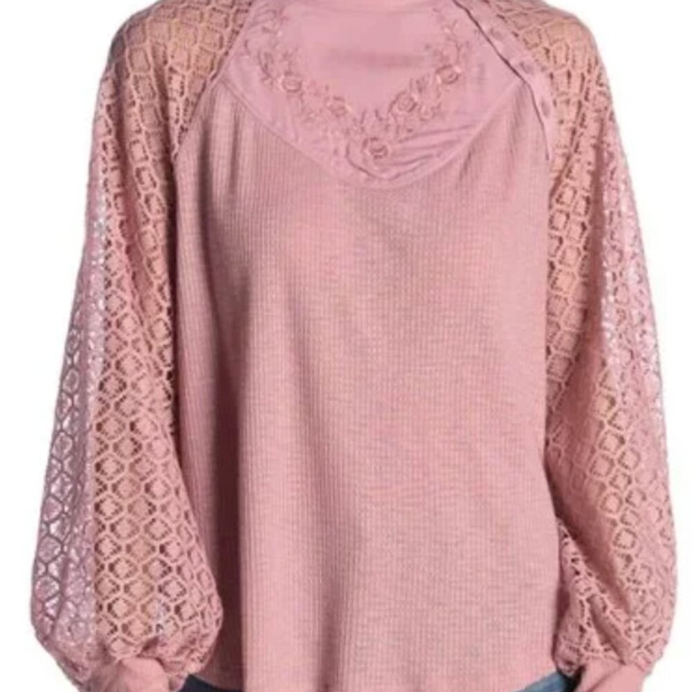 Free People Sweetest Thing Rose Embroidered Thermal Top size small
